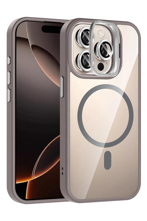 Apple iPhone 14 Pro Max Remim Lensli Magsafe Standlı Kapak - Titan Gri-(5796)