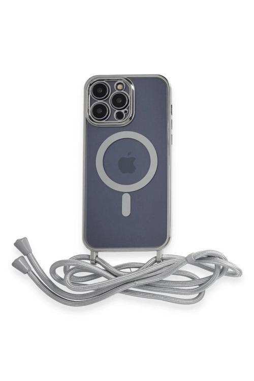 iPhone 14 Pro Kılıf Divo Lazer Askılı Magsafe Kapak - Gümüş-(5796)