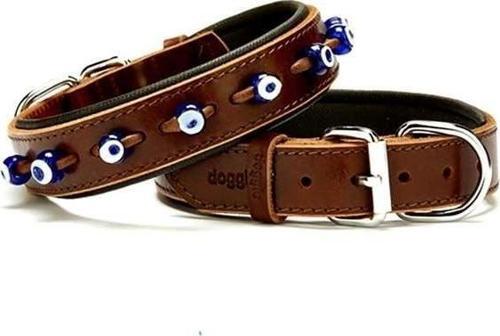 Comfort Deri Nazar Boncuklu Köpek Boyun Tasması Medium Kahverengi 3x42-50 Cm