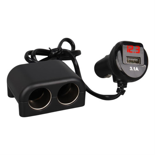 1641 12-24V Çiftli Usbli 120W 80Cm Kablolu Dijital Ekranlı Araç Oto Tır Çakmak Çoklayıcı Çakmaklık Çoğaltıcı