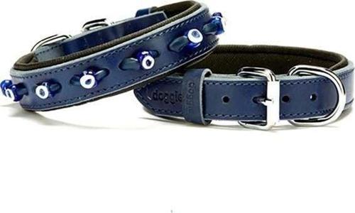 Comfort Deri Nazar Boncuklu Köpek Boyun Tasması Medium Mavi 2.5x37-45 Cm