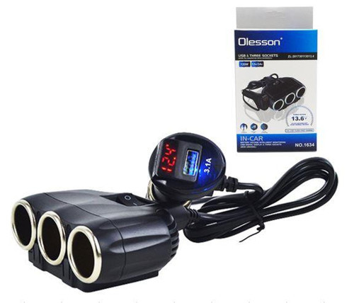 1634 12-24V 3Lü Usbli 120W 80Cm Kablolu Dijital Ekranlı Araç Oto Tır Çakmak Çoklayıcı Çakmaklık Çoğaltıcı
