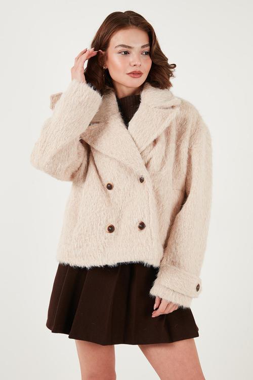 Oversize Kruvaze Yaka Yumuşak Tüylü Düğmeli Astarlı Bayan Mont 6839659 BEJ
