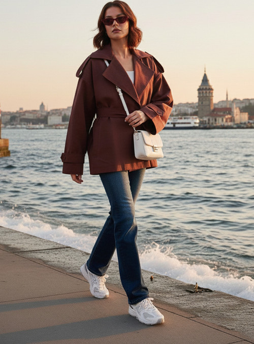 Oversize Fit Kruvaze Yaka Kuşaklı Düğmeli Bayan Trençkot 6839609 BORDO