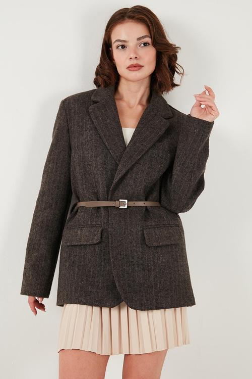 Çizgili Yün Karışımlı Oversize Fit Kruvaze Yaka Kemerli Bayan Ceket 6839634 VİZON