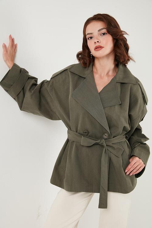 Oversize Fit Kruvaze Yaka Kuşaklı Düğmeli Bayan Trençkot 6839609 HAKİ