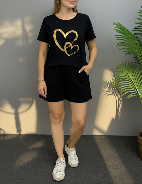 Kadın Kısa Kollu Bisiklet Yaka Viskon Iki Iplik Bluz Ve Short Ikili Takım