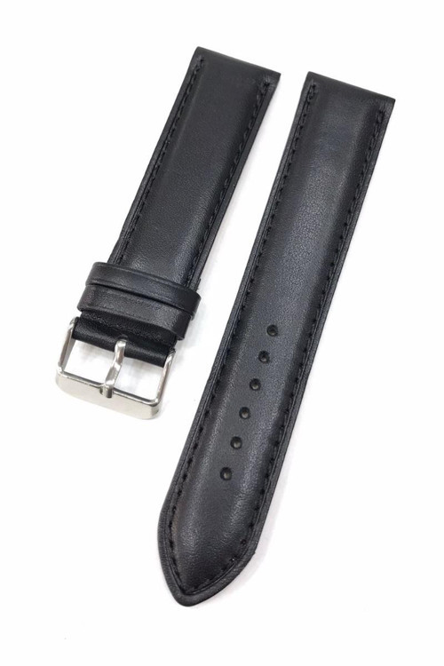 22 mm Siyah Dikişli Düz Klasik Hakiki Deri Saat Kordonu