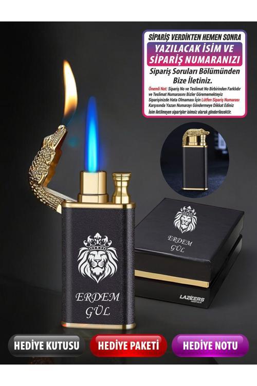 Kişiye Özel İsimli Lüks Kutulu Çift Ateşli Aslan Tasarım Timsah Çakmak