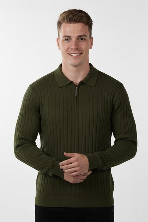 Erkek Haki Slim Fit Polo Yaka Triko Kazak - Yumuşak Dokulu Esnek ve Şık Görünüm 2605305