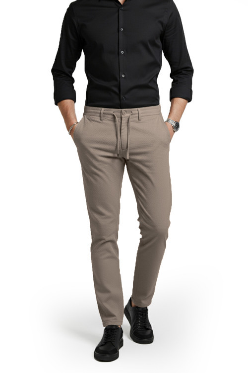 Erkek Bej Likralı Gofre Kumaş Beli Lastikli İpli Slim Fit Günlük Pantolon 2600650