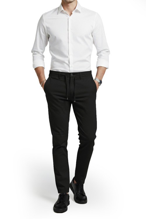 Erkek Siyah Likralı Gofre Kumaş Beli Lastikli İpli Slim Fit Günlük Pantolon 2600650
