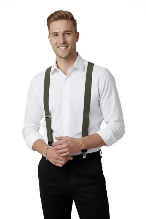 Unisex Haki Derili Esneyebilen Lastik Ayarlanabilir Metal Klipsli Pantolon Askısı 2602025