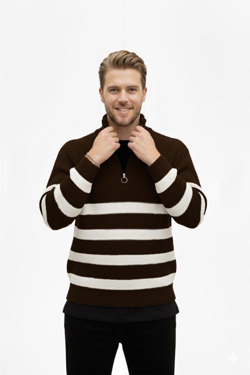 Erkek Kahve Yarım Fermuarlı Oversize Kesim Triko Kazak Pamuklu Yumuşak Örgü Çizgili Kazak 2608513