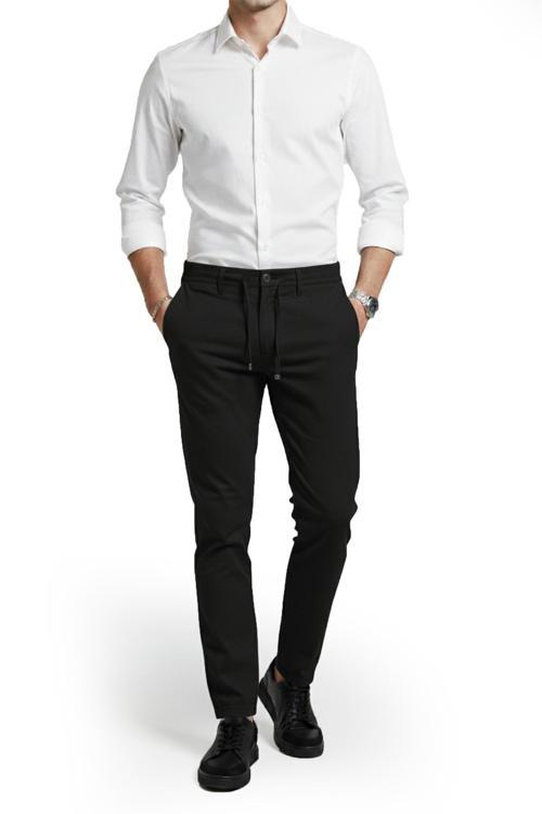 Erkek Siyah Likralı Gofre Kumaş Beli Lastikli İpli Slim Fit Günlük Pantolon 2600650