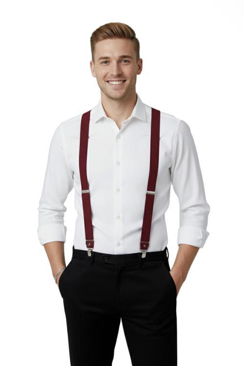 Unisex Bordo Derili Esneyebilen Lastik Ayarlanabilir Metal Klipsli Pantolon Askısı 2602025