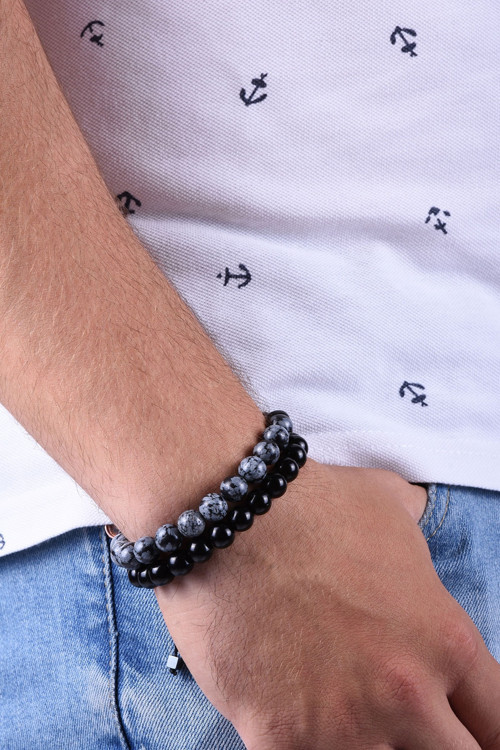 Unisex 2'Li Kombin Obsidyen-Parlak Oniks Doğaltaş Bileklik Tbk0116
