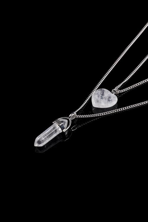 Kristal Kuvars Doğal Taş Çivi-Kalpli Çift Sevgili Kolyeleri Tky0285