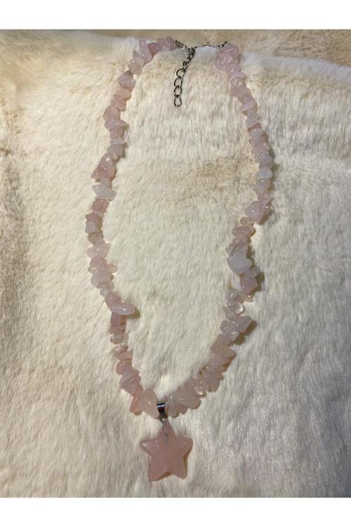 Pembe Kuvars Yıldız Uçlu Kırıktaş Doğal Taş Kolye Tky0323