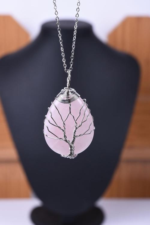 Kadın Pembe Kuvars Doğal Taş Tel Sarmalı Damla Kolye