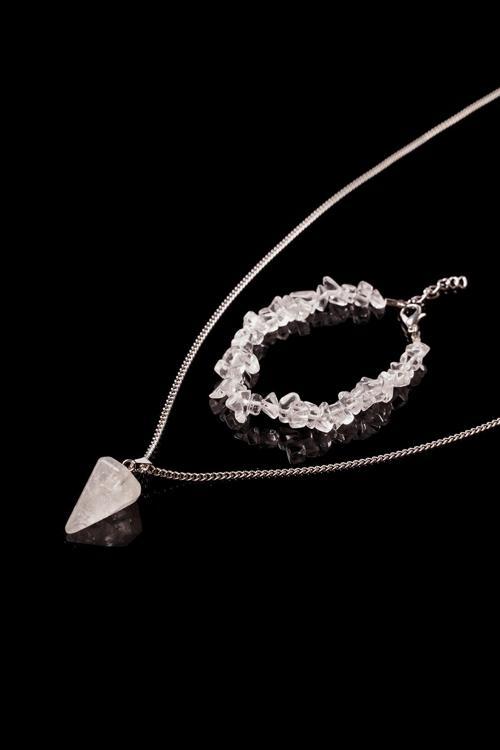 Kristal Kuvars Kırık Doğal Taş Bileklik Ve Doğal Taş Pandül Kolye Seti Tky0247