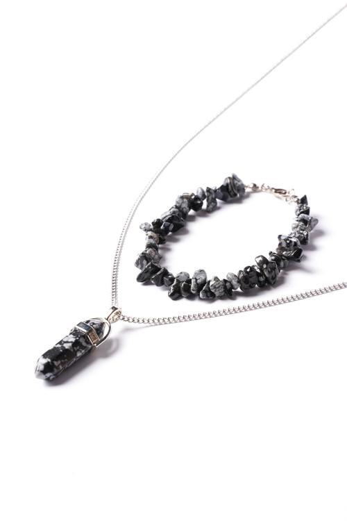 Obsidyen Kırık Doğal Taş Bileklik Ve Doğal Taş Çivi Kolye Seti Tky0250