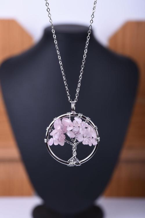 Pembe Kuvars Doğal Taş Hayat Ağacı Kolye Tky0042