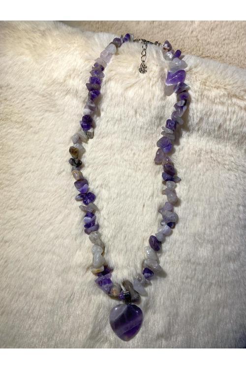 Ametist Kalp Uçlu Kırıktaş Doğal Taş Kolye Tky0325