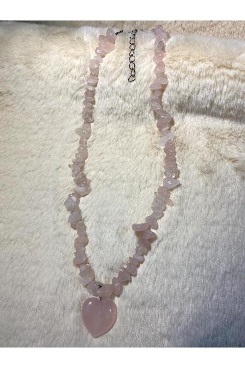 Pembe Kuvars Kalp Uçlu Kırıktaş Doğal Taş Kolye Tky0326