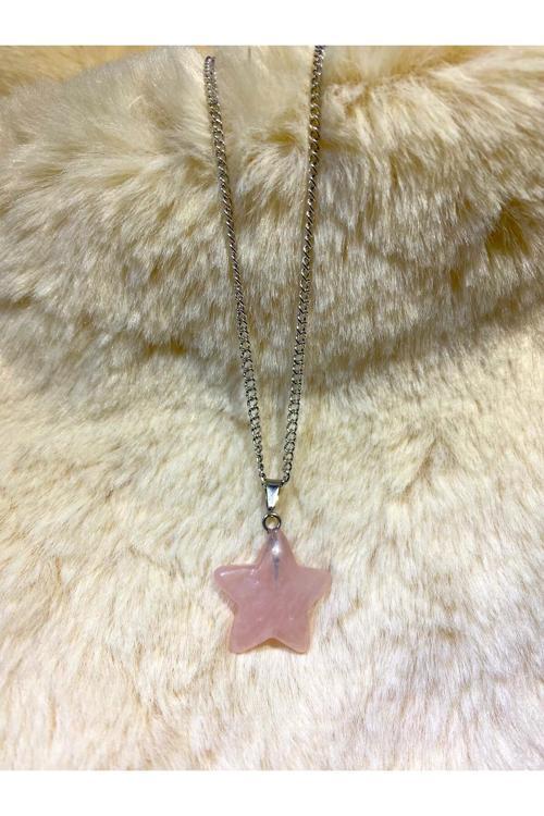 Pembe Kuvars Doğal Taş Yıldız Kolye Tky0330