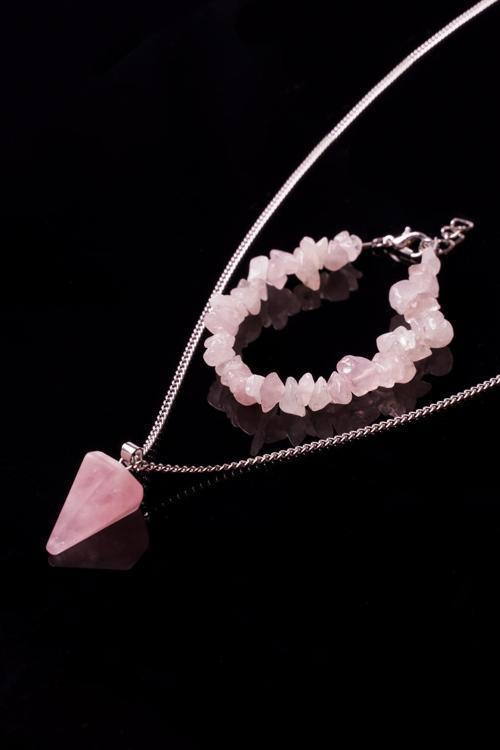 Pembe Kuvars Kırık Doğal Taş Bileklik Ve Doğal Taş Pandül Kolye Seti Tky0245