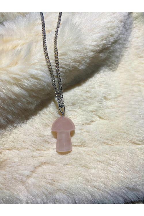 Pembe Kuvars Doğal Taş Mantar Kolye Tky0313