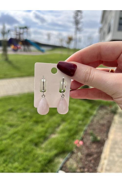 Pembe Kuvars Damla Doğal Taş Küpe Tky0344