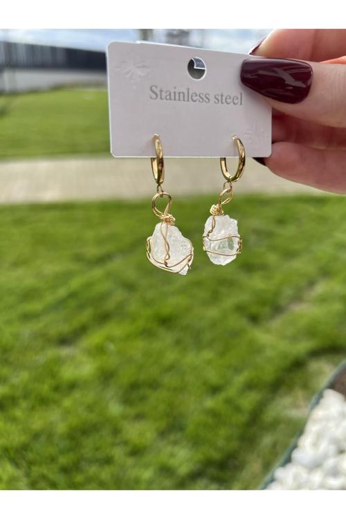 Kristal Kuvars Ham Doğal Taş Küpe Tky0341