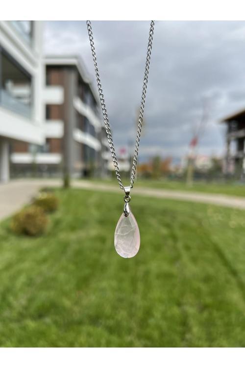 Pembe Kuvars Faset Kesim Damla Doğal Taş Kolye Tky0375