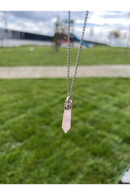 Pembe Kuvars Uzun Çivi Doğal Taş Kolye Tky0359