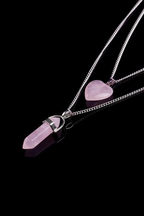 Pembe Kuvars Doğal Taş Çivi-Kalpli Çift Sevgili Kolyeleri Tky0287