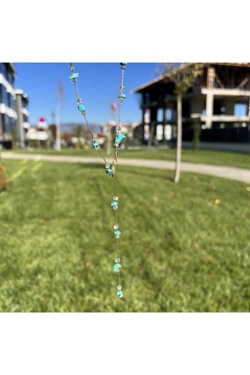 Turkuaz Ve Kristal Kuvars Doğal Kırık Taş Y Zincir Kolye Tky0413