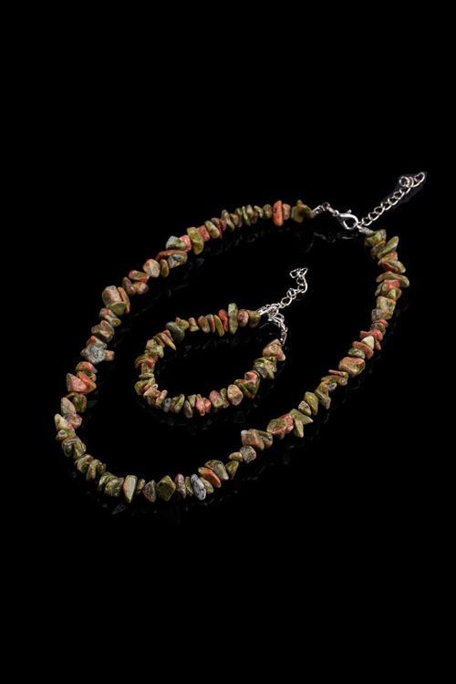 Unakit Kırık Doğal Taş Bileklik-Kolye Seti Tky0271