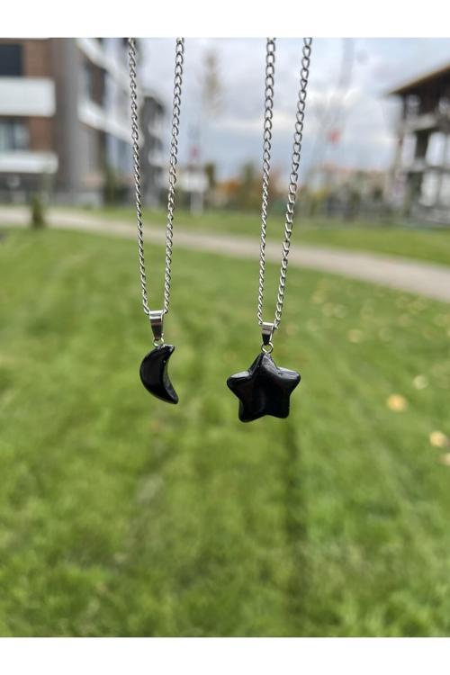 Oniks Hilal Yıldız Doğal Taş Takım Kolye Tky0353