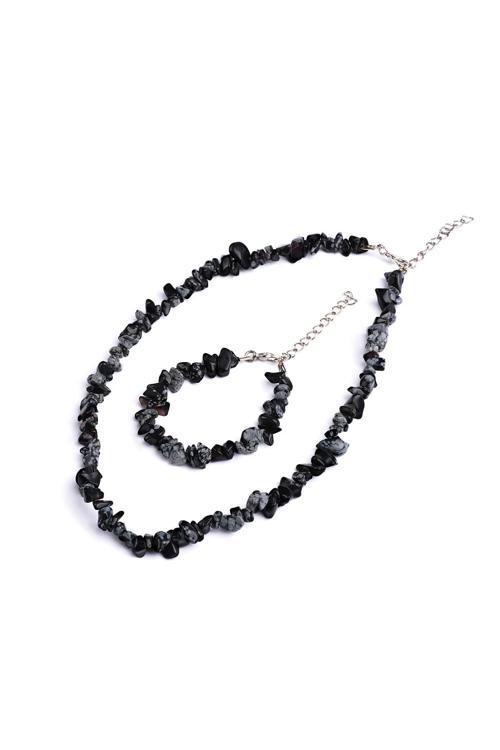 Obsidyen Kırık Doğal Taş Bileklik-Kolye Seti Tky0268