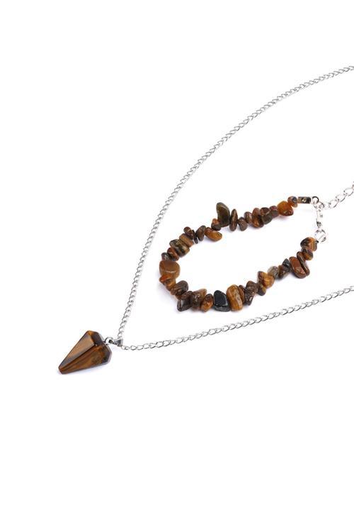 Kaplangözü Kırık Doğal Taş Bileklik Ve Doğal Taş Pandül Kolye Seti Tky0280