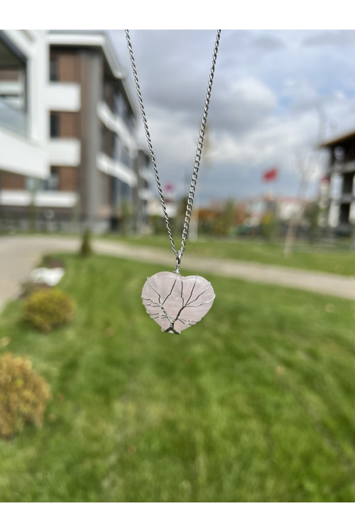 Pembe Kuvars Telli Büyük Kalp Doğal Taş Kolye Tky0372