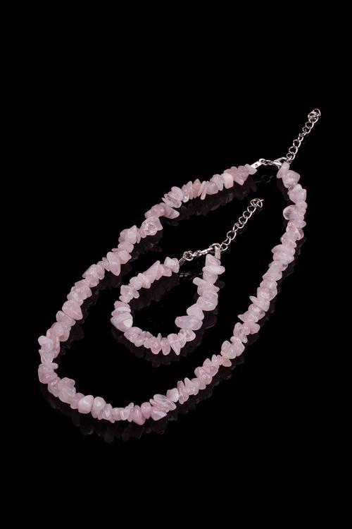 Pembe Kuvars Kırık Doğal Taş Bileklik-Kolye Seti Tky0273