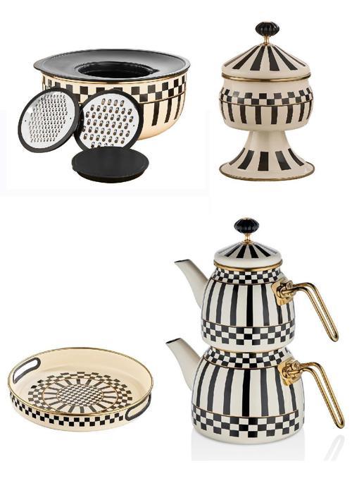 Emaye Çaydanlık Takımı - Emaye Ayaklı Şekerlik - Emaye Tepsi 28 CM ve Emaye Karıştırma Kabı