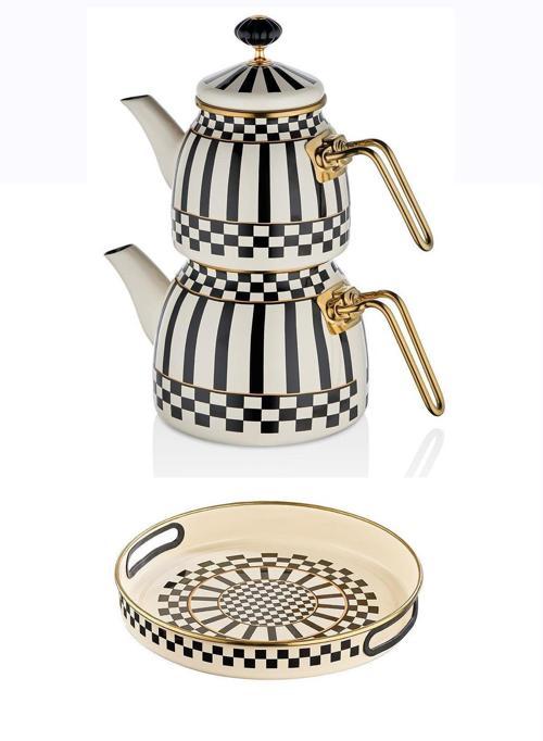 Prime Cream Emaye Servis Tepsisi – 28 CM ve Çaydanlık Takımı