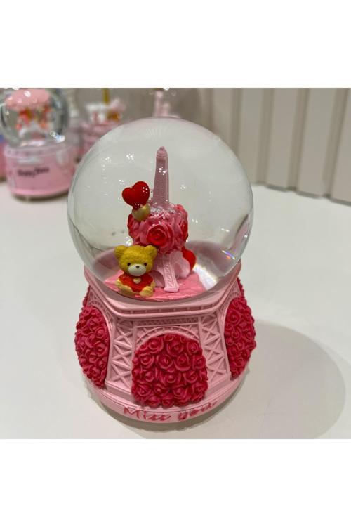 Paris Eyfel Kulesi Sevgili Güllü Ayıcıklı Işıklı Müzikli Orta Boy Kar Küresi Tky0399