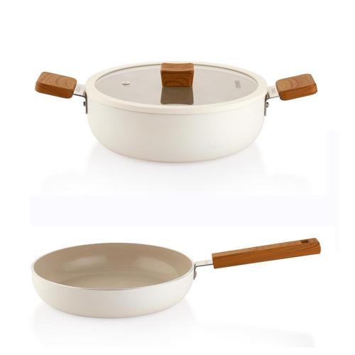 Ceramoni Seramik Basık Tencere 28 Cm ve Tava Seti – Krem