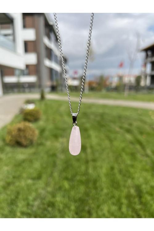 Pembe Kuvars Damla Doğal Taş Kolye Tky0365