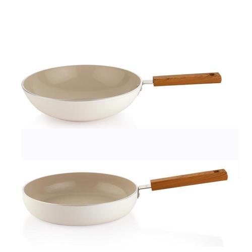 Ceramoni Seramik Tava 24 Cm ve 28 Cm Wok Tava Seti – Krem